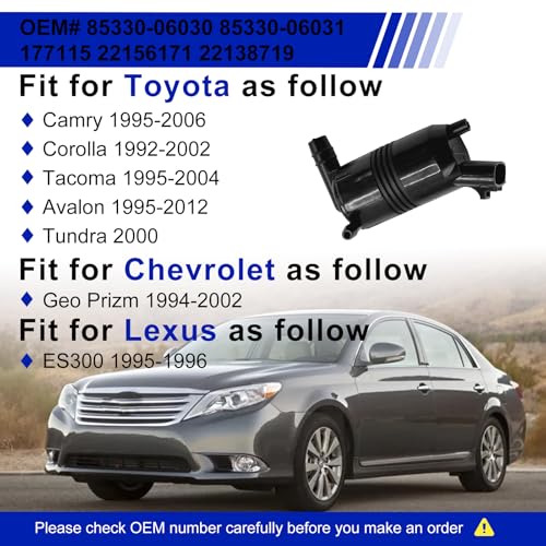 Hsbhlsnx Windshield Washer Pump 12V for Toyota Camry 1995-2006 Corolla 1992-2002 Tacoma 1995-2004 Avalon 1995-2012 Tundra 2000 Chevrolet Geo Prizm 1994-2002 Lexus ES300 1995-1996 85330-06030 85330-06031 - Image 2