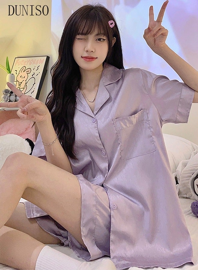 DUNISO Women's Soft Pajamas Set Silky Sleepwear 2 Piece Short sleeve Summer Pajama Set Sleepwear Night-wear Loungewear Button-Down Pajama Sets for Women's Pyjama Party Bridal Wedding - Image 4