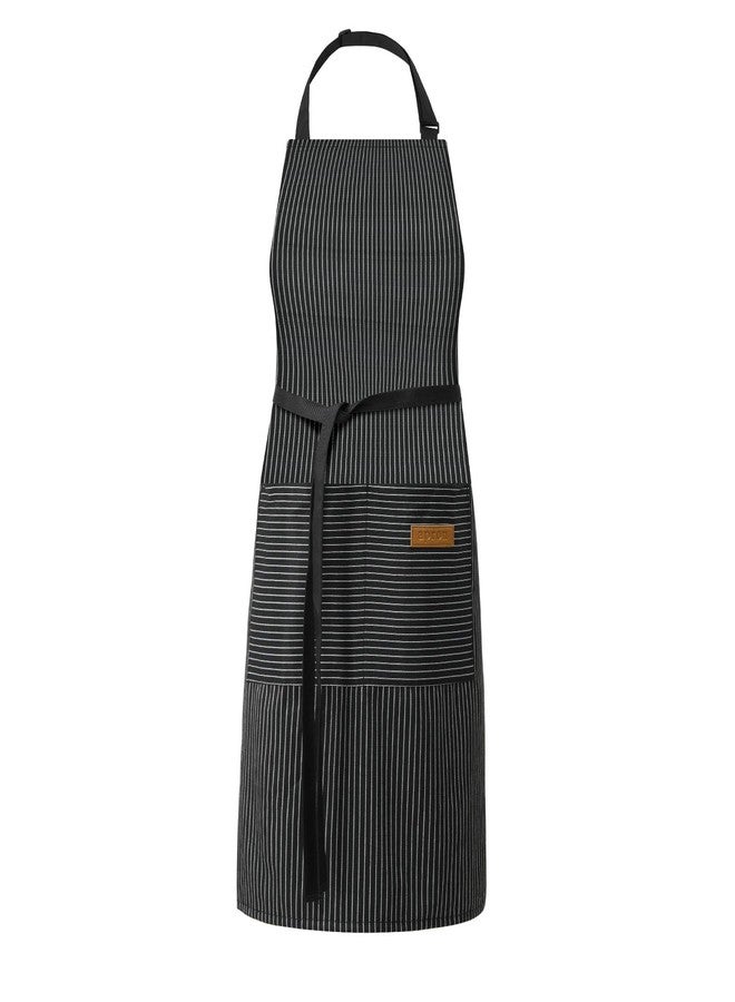 DILLMAN Kitchen Cooking Adjustable Aprons - Men Women Bib Soft Chef Stripes Apron with 2 Pockets, Narrow Black Strips, 68*75cm/26.8/29.5inch, 90cm/35.4inch neck strap - Image 1
