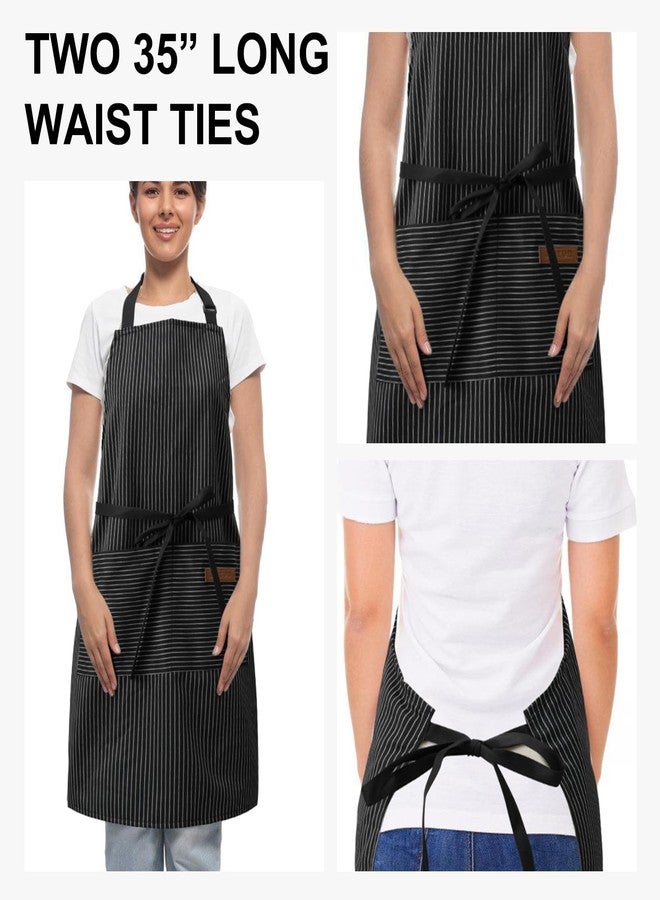 DILLMAN Kitchen Cooking Adjustable Aprons - Men Women Bib Soft Chef Stripes Apron with 2 Pockets, Narrow Black Strips, 68*75cm/26.8/29.5inch, 90cm/35.4inch neck strap - Image 3