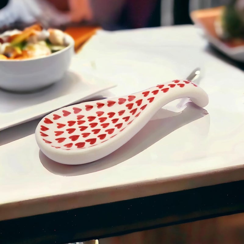 Malaikah Ceramic Red HeartPrinted Long Spoon Rest Valentines Gift for Lover Gifts for Boyfriend Girlfriend Valentines Day Gift Daily Use Kitchen Decor Valentine Special Pack of 1 - Image 1