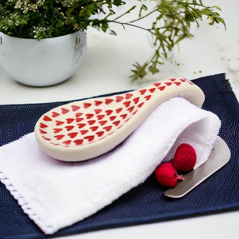 Malaikah Ceramic Red HeartPrinted Long Spoon Rest Valentines Gift for Lover Gifts for Boyfriend Girlfriend Valentines Day Gift Daily Use Kitchen Decor Valentine Special Pack of 1 - Image 2
