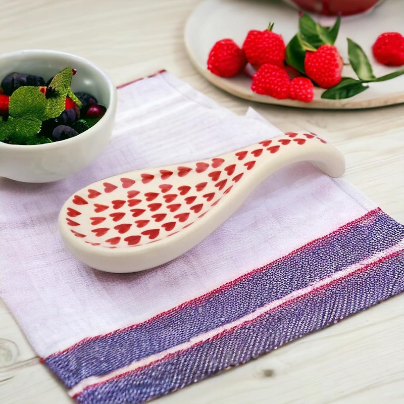 Malaikah Ceramic Red HeartPrinted Long Spoon Rest Valentines Gift for Lover Gifts for Boyfriend Girlfriend Valentines Day Gift Daily Use Kitchen Decor Valentine Special Pack of 1 - Image 5