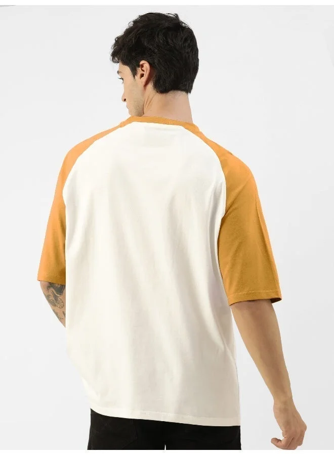 Maniac Maniac Mens Printed Round Neck raglan Half Sleeve White and Mustard Cotton Oversized Tshirt