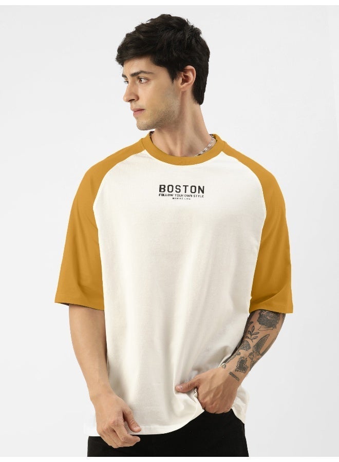 Maniac Mens Printed Round Neck raglan Half Sleeve White and Mustard Cotton Oversized Tshirt - Image 1