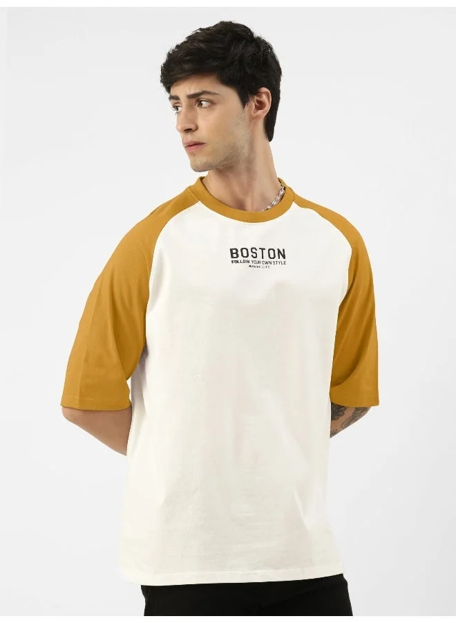 Maniac  Maniac Mens Printed Round Neck raglan Half Sleeve White and Mustard Cotton Oversized Tshirt for Men | Best Price UAE