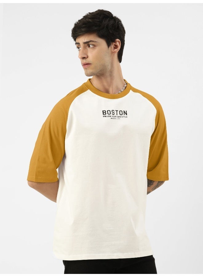 Maniac Mens Printed Round Neck raglan Half Sleeve White and Mustard Cotton Oversized Tshirt - Image 3