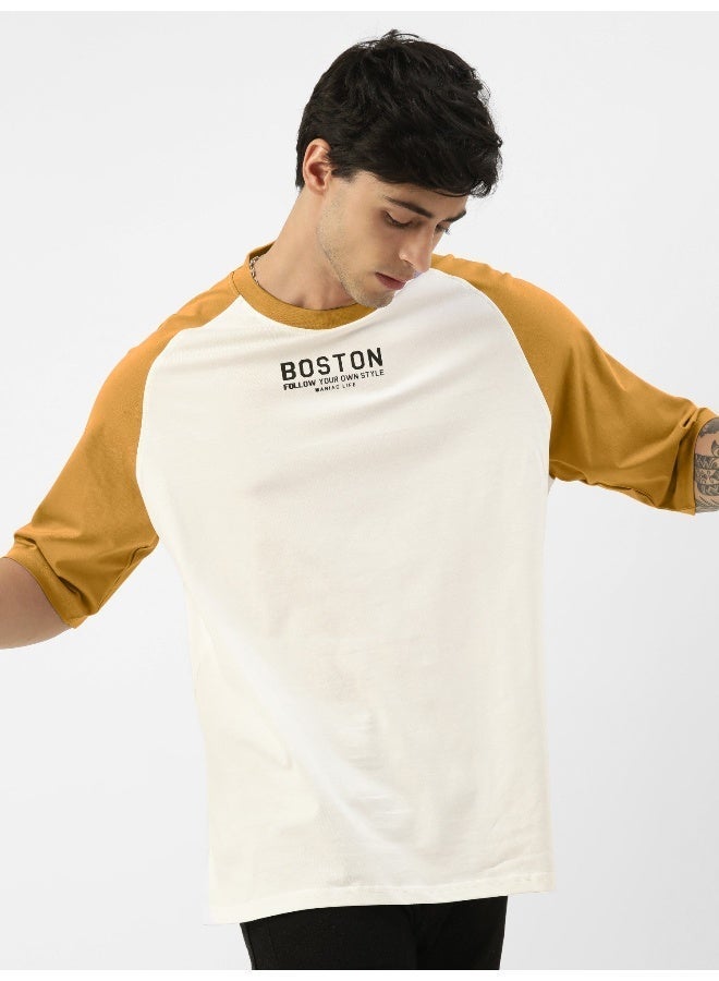 Maniac Mens Printed Round Neck raglan Half Sleeve White and Mustard Cotton Oversized Tshirt - Image 4