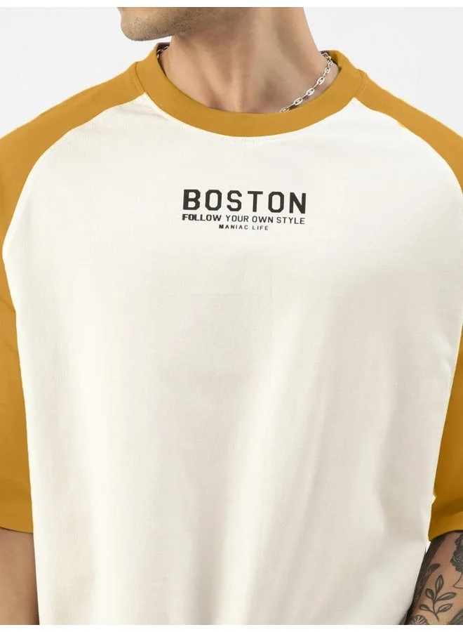 Maniac  Maniac Mens Printed Round Neck raglan Half Sleeve White and Mustard Cotton Oversized Tshirt for Men | Best Price UAE