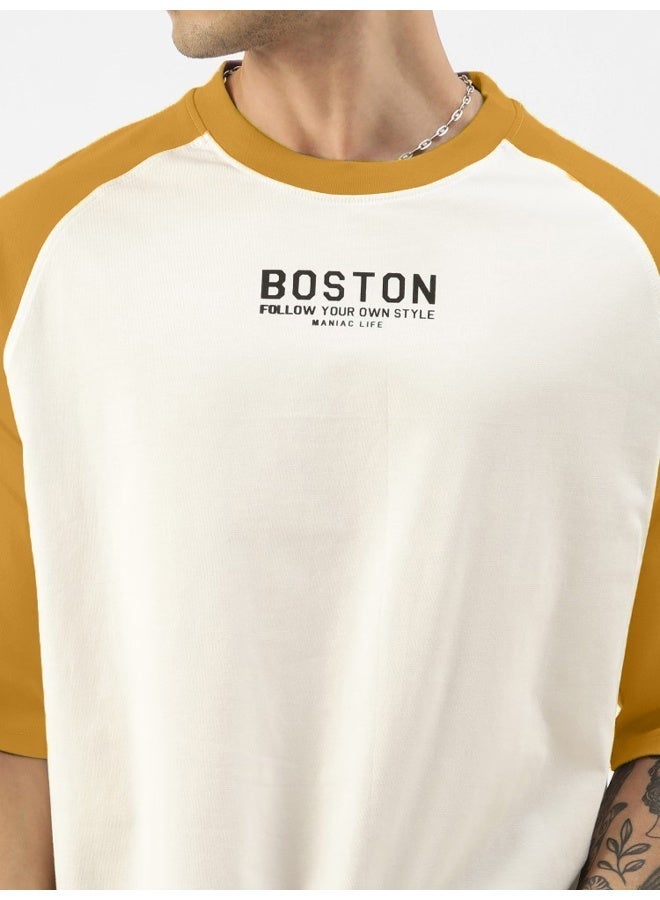 Maniac Mens Printed Round Neck raglan Half Sleeve White and Mustard Cotton Oversized Tshirt - Image 5