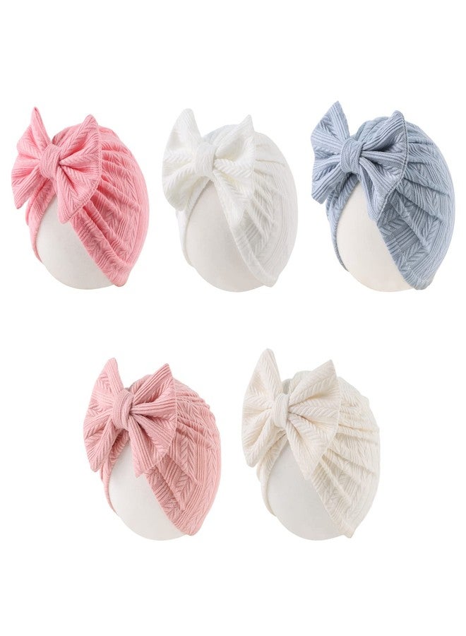 Pesaat Baby Girl Turban Newborn Beanie Hat 5 Pieces Cotton Infant Girls Headwraps Toddler Kids Hats 0-3 Years (5Pcs-Bowknot-D) - Image 1