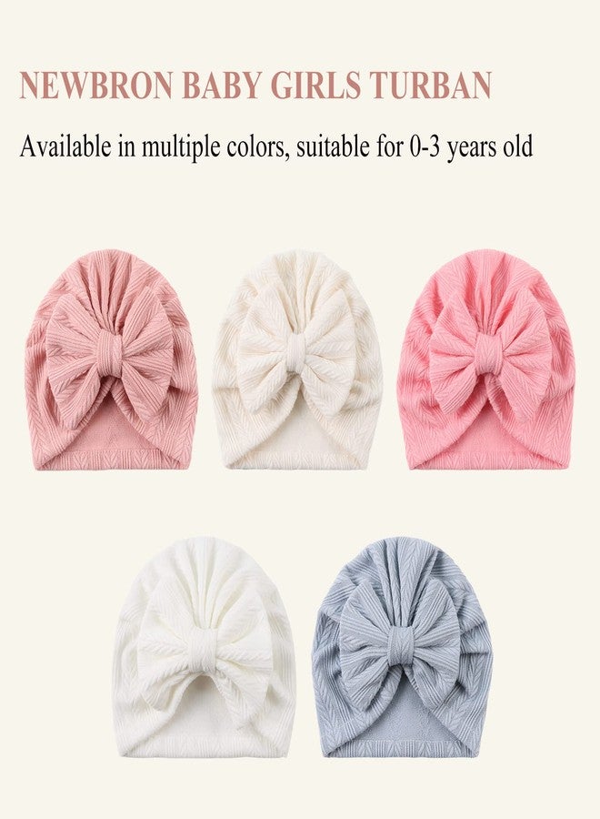 Pesaat Baby Girl Turban Newborn Beanie Hat 5 Pieces Cotton Infant Girls Headwraps Toddler Kids Hats 0-3 Years (5Pcs-Bowknot-D) - Image 3