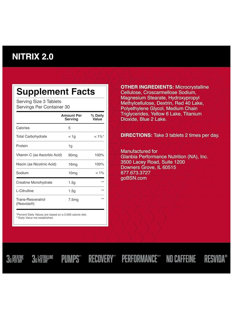 BSN - NITRIX 2.0 Nitric Oxide Precursors 3g Creatine 3g L Citrulline Supports Workout Performance Pumps Muscle Recovery and Endurance  90 Tablets - Image 1