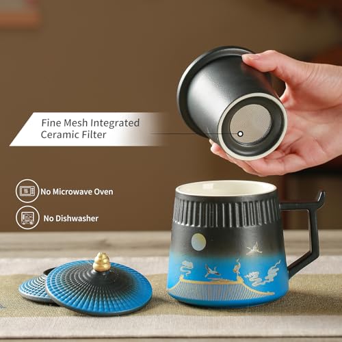 Coolpei Loose Leaf Tea Cup with Infuser and Lid, 14.8oz Chinese Ceramic Mug with Fine Mesh Strainer, Office Steeping Cup for Tea Lovers Gifts - Image 3