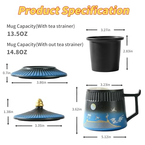 Coolpei Loose Leaf Tea Cup with Infuser and Lid, 14.8oz Chinese Ceramic Mug with Fine Mesh Strainer, Office Steeping Cup for Tea Lovers Gifts - Image 5