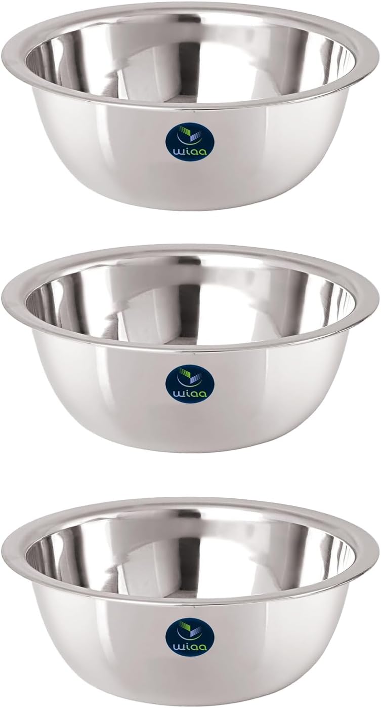 WIAA Stainless Steel Mixing Bowl 1400ml | Food-Grade Steel | Lightweight Round Base Bowl | Stackable, Wide Rim, Multipurpose Kitchen Use (Pack of 3) - Image 1