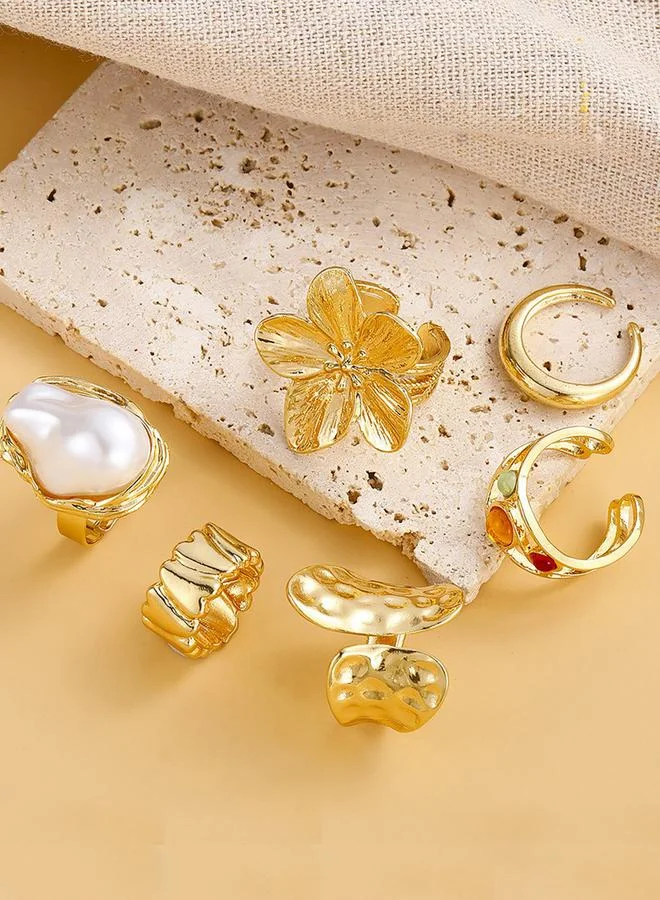Take Two Pack of 6 - Gold Tone Pearl and Flower Accents Rings