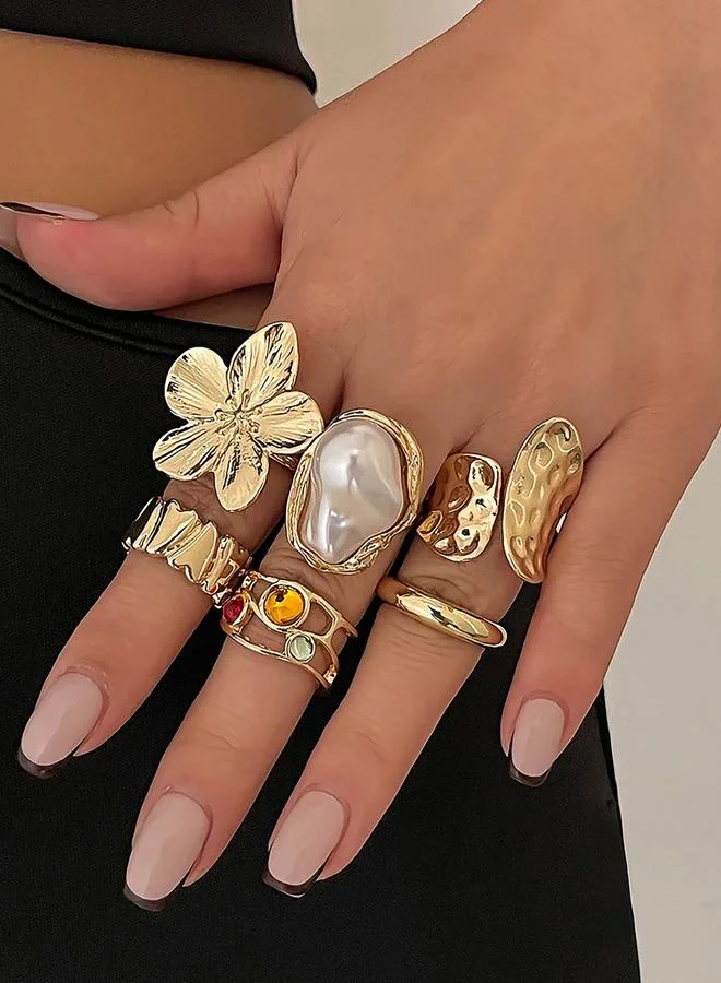 Take Two Pack of 6 - Gold Tone Pearl and Flower Accents Rings