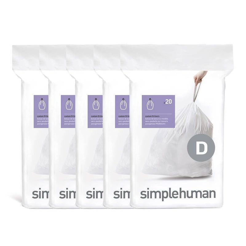 simplehuman Code D 100 Count, Dispenser Pack Custom Fit Liners, Drawstring Trash Bags, 20 Liter / 5.3 Gallon, White - Image 1