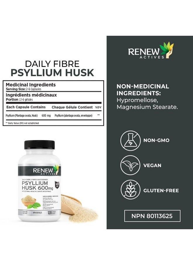 Renew Actives - Psyllium Husk Capsules 600 Mg 120 Capsules Soluble Fiber Supplement Natural Stool Softener/Laxatives For Constipation Relief For Adults Pure Ingredients Made In Canada - Image 1
