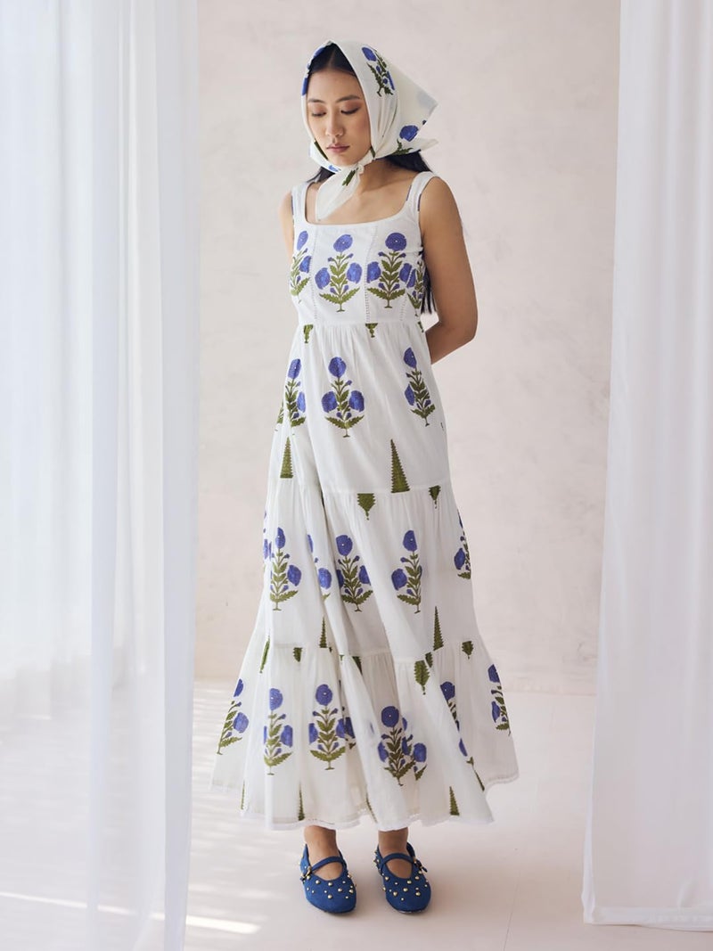 FIORRA Women's Off-White Floral Printed Cotton Maxi Dress - Image 4