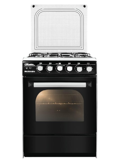 4-burner gas hob, stainless steel/black, 55 cm, with 2 oven and grill knobs, self-ignition, fixed grill, and Gusto light from Unionaire.