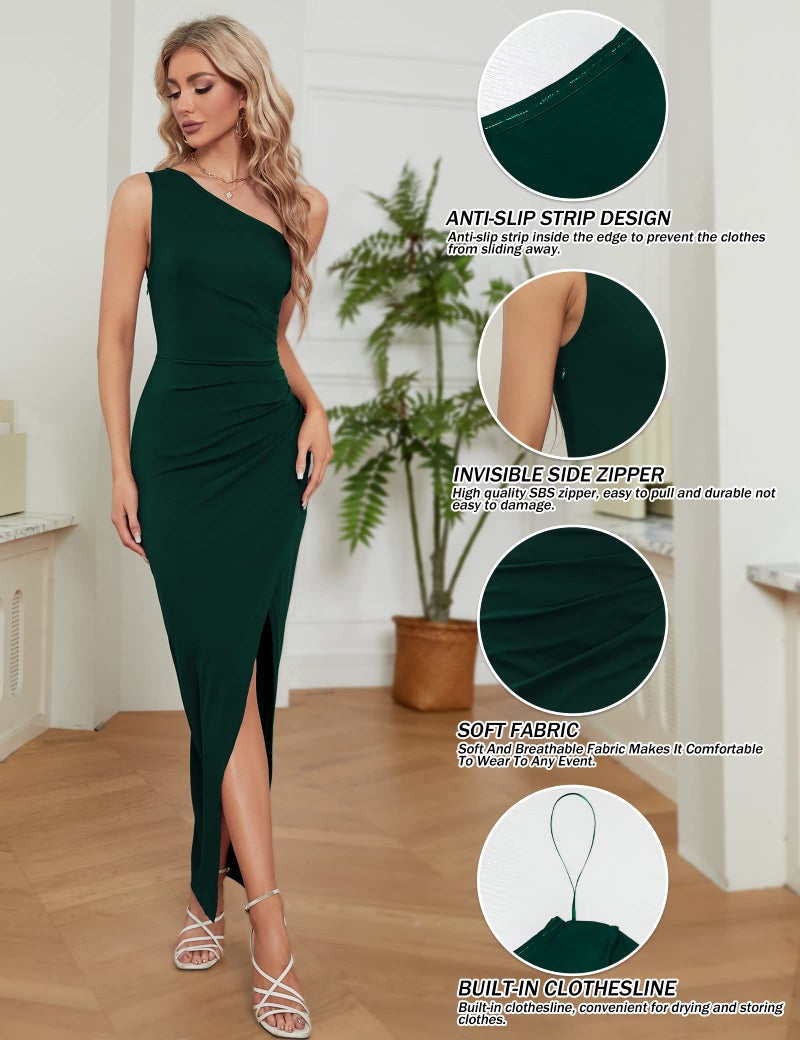 Sarin Mathews Womens One Shoulder Long Formal Dress Sexy Summer Sleeveless Bodycon Ruched Wrap Split Cocktail Dresses DrakGreen L - Image 4