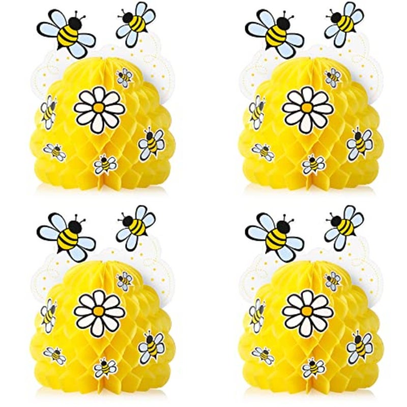 Zonon 4 Pieces Honey Bee Centerpieces Honeycomb Decorations Yellow Bee Honeycomb Table Centerpieces with Sunflower Stickers for Bee Day Gender Reveal Birthday Party Decoration - Image 1