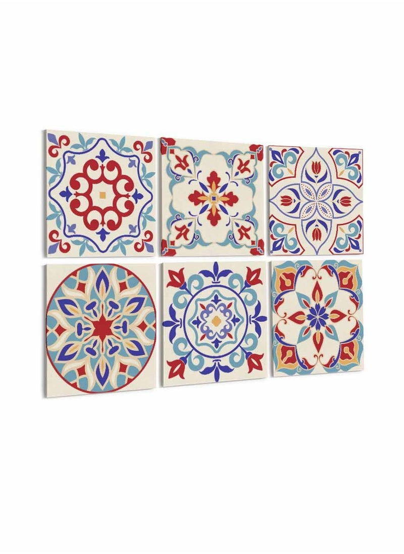 LOWHA Set Of 6 Framed Square Canvas Wall Arts Stretched Over Wooden Frame, Colourful Turkish Style Ceramic Seamless Painting, For Home, Living Room, Office Decor  - Image 1