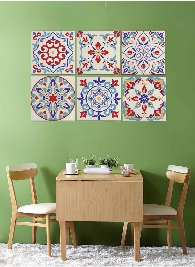 LOWHA Set Of 6 Framed Square Canvas Wall Arts Stretched Over Wooden Frame, Colourful Turkish Style Ceramic Seamless Painting, For Home, Living Room, Office Decor  - Image 4