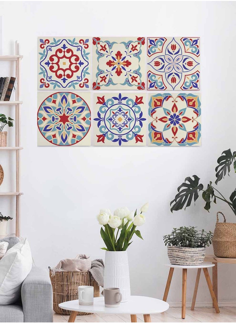 LOWHA Set Of 6 Framed Square Canvas Wall Arts Stretched Over Wooden Frame, Colourful Turkish Style Ceramic Seamless Painting, For Home, Living Room, Office Decor  - Image 3