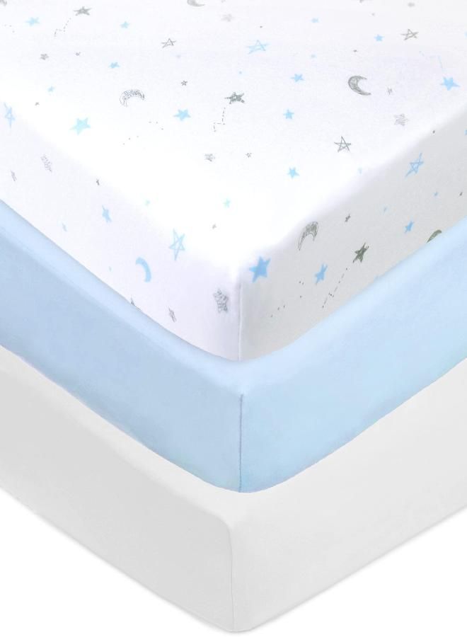American Baby Company American Baby Company 3 Pack Printed 100% Cotton Jersey Knit Fitted Crib Sheet for Standard Crib and Toddler Mattresses, Blue Stars/Blue/White, for Boys and Girls - Image 3