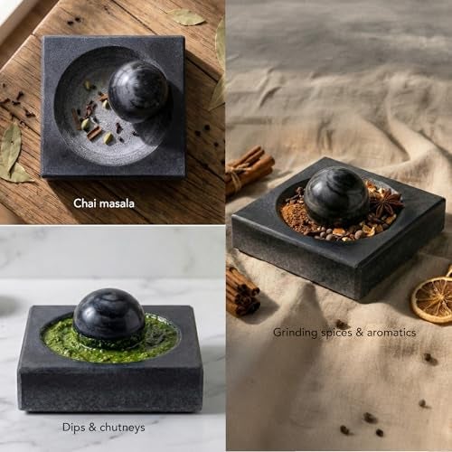 Ellementry Erebus Marble Mortar & Pestle Set, Khalbatta Stone, Imam Dasta, Okhli Masher, Kharal, Kundi Sota, Natural &Traditional Spice Grinder for Kitchen, Khal Batta Musal for Spices & Herbs - Image 3