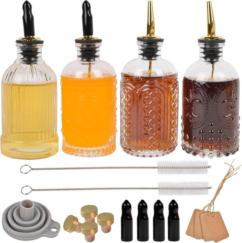 ChezMax Syrup Dispenser Bottles Set of 4, Simple Syrup Bottle for Coffee Bar Accessories, 7 oz Glass Coffee Syrup Dispenser Syrup Containers for Maple Honey Syrup Oil, with Metal Pour Spouts & Labels - Image 1