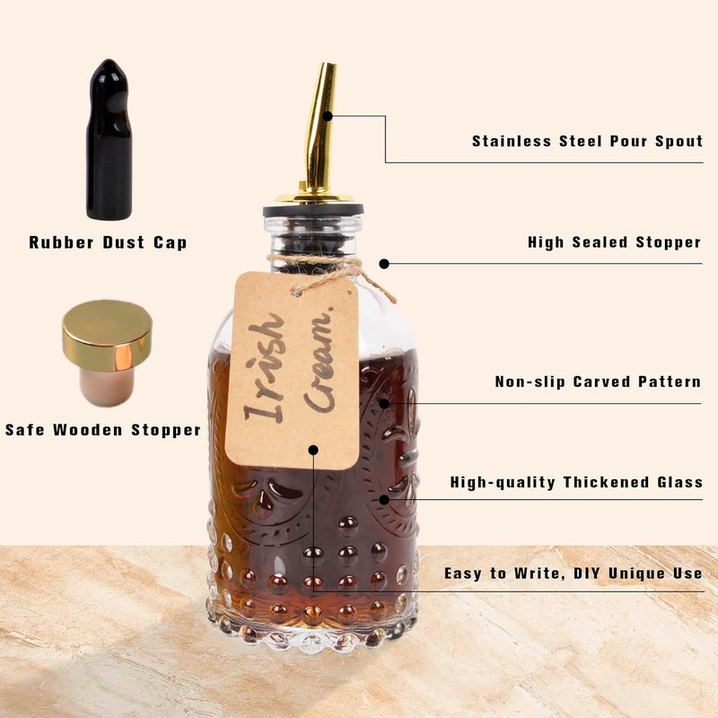 ChezMax Syrup Dispenser Bottles Set of 4, Simple Syrup Bottle for Coffee Bar Accessories, 7 oz Glass Coffee Syrup Dispenser Syrup Containers for Maple Honey Syrup Oil, with Metal Pour Spouts & Labels - Image 3