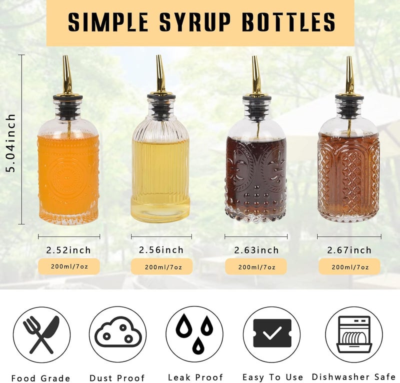 ChezMax Syrup Dispenser Bottles Set of 4, Simple Syrup Bottle for Coffee Bar Accessories, 7 oz Glass Coffee Syrup Dispenser Syrup Containers for Maple Honey Syrup Oil, with Metal Pour Spouts & Labels - Image 2