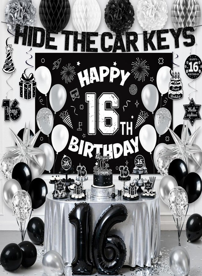 REDWORD 16th Birthday Party Decorations for Boys, Black White 16th Party Supplies with Hide The Car Keys Banner Black 16th Number Balloons Happy 16th Birthday Banner Cake Topper for Boys Girl Birthday Decor - Image 1