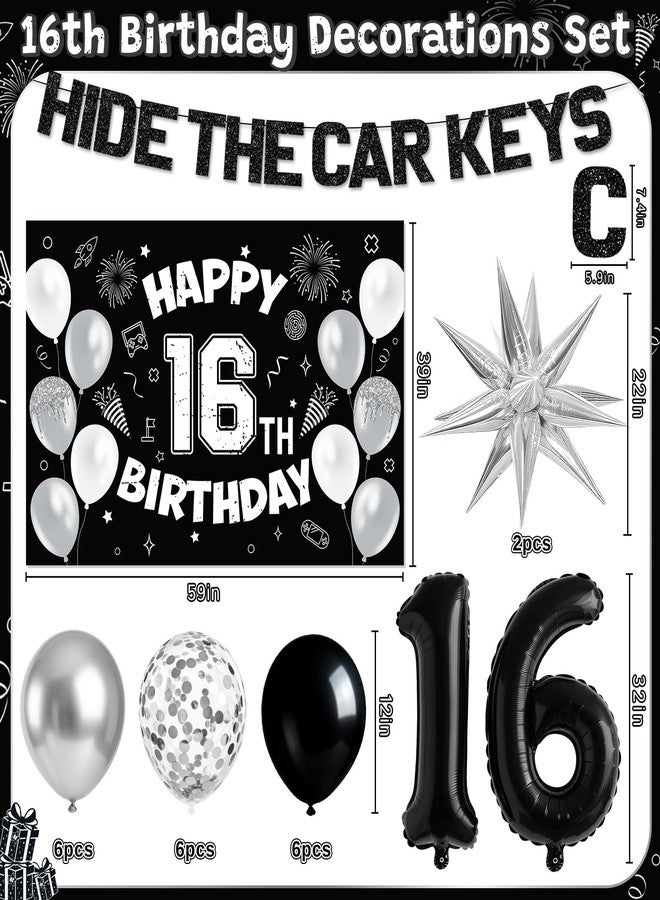 REDWORD 16th Birthday Party Decorations for Boys, Black White 16th Party Supplies with Hide The Car Keys Banner Black 16th Number Balloons Happy 16th Birthday Banner Cake Topper for Boys Girl Birthday Decor - Image 2
