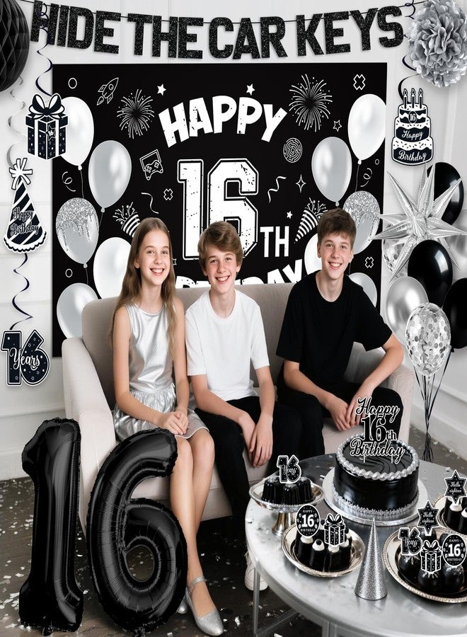 REDWORD 16th Birthday Party Decorations for Boys, Black White 16th Party Supplies with Hide The Car Keys Banner Black 16th Number Balloons Happy 16th Birthday Banner Cake Topper for Boys Girl Birthday Decor - Image 4