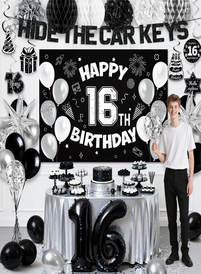 REDWORD 16th Birthday Party Decorations for Boys, Black White 16th Party Supplies with Hide The Car Keys Banner Black 16th Number Balloons Happy 16th Birthday Banner Cake Topper for Boys Girl Birthday Decor - Image 5