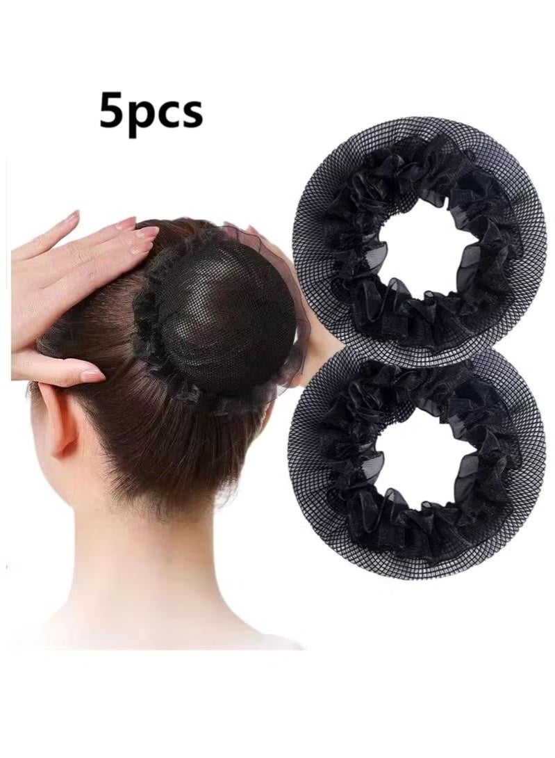 5 قطع من شبكات شعر الكعكة السوداء، شبكة شعر مرنة بحافة زهرة لتغطية كعكة الباليه، إكسسوارات شعر راقصات الرقص والتزلج والجمباز - Image 1