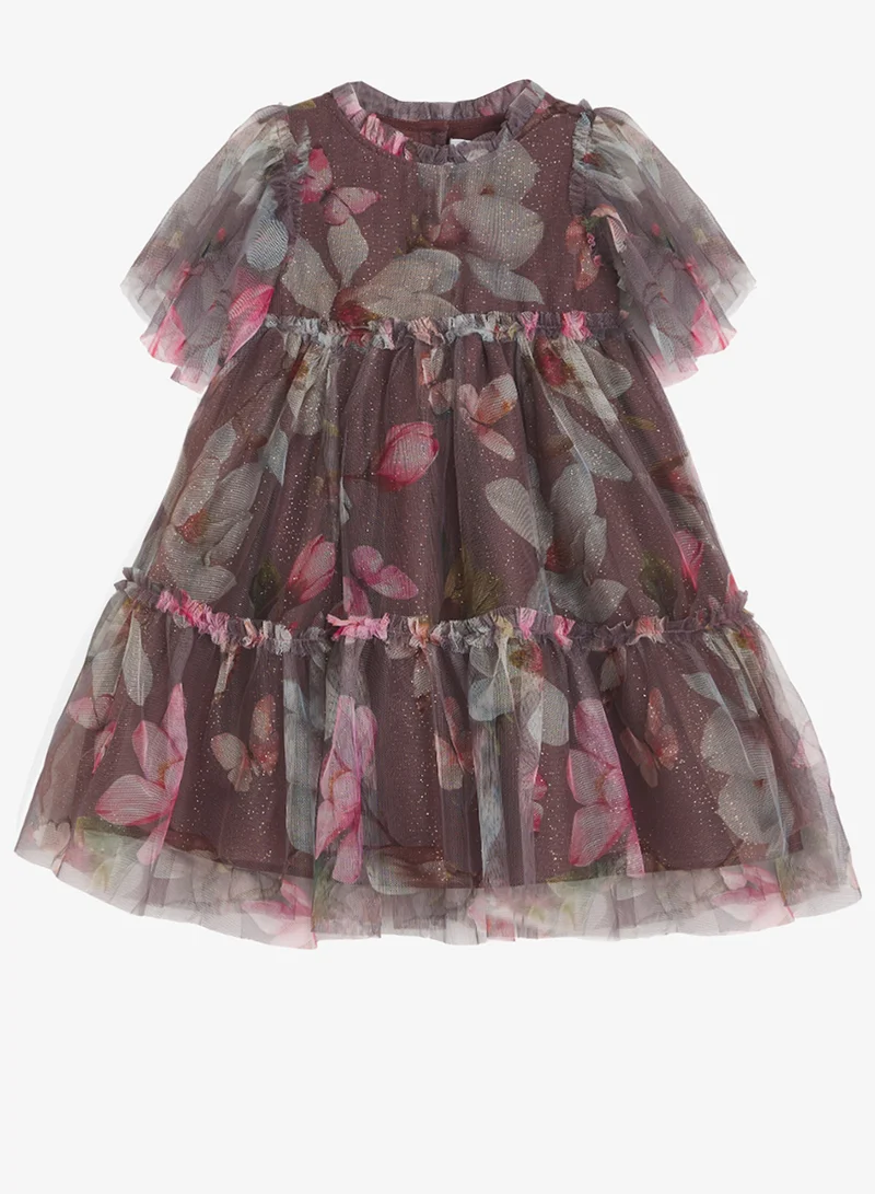 ريبلز مع نمشي Girls Floral Ruffle Sleeve Tulle Party Dress