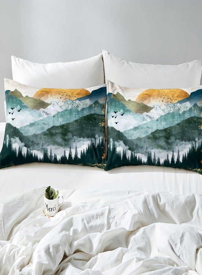 Feelyou Women Men Bedding Set Chic Mountain Natural Scenery Art Bedding Duvet Cover Set For Teens Chinese Style Decor Comforter Cover Green Golden Landscape Bedspread Cover Bedroom 3Pcs Zipper Full Size - Image 4