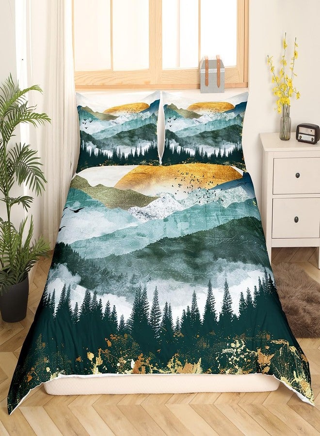 Feelyou Women Men Bedding Set Chic Mountain Natural Scenery Art Bedding Duvet Cover Set For Teens Chinese Style Decor Comforter Cover Green Golden Landscape Bedspread Cover Bedroom 3Pcs Zipper Full Size - Image 3