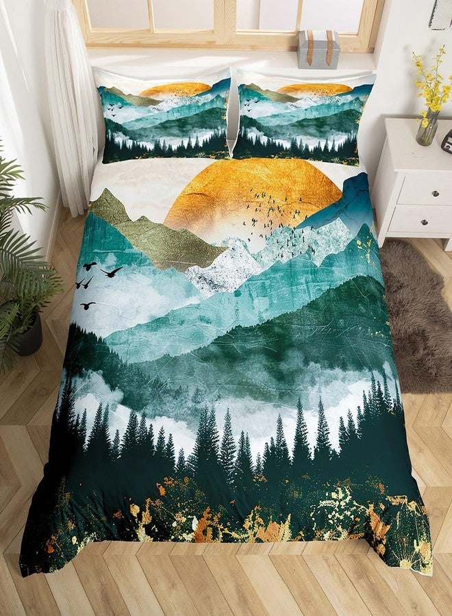 Feelyou Women Men Bedding Set Chic Mountain Natural Scenery Art Bedding Duvet Cover Set For Teens Chinese Style Decor Comforter Cover Green Golden Landscape Bedspread Cover Bedroom 3Pcs Zipper Full Size - Image 1