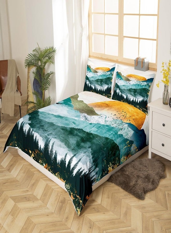 Feelyou Women Men Bedding Set Chic Mountain Natural Scenery Art Bedding Duvet Cover Set For Teens Chinese Style Decor Comforter Cover Green Golden Landscape Bedspread Cover Bedroom 3Pcs Zipper Full Size - Image 2