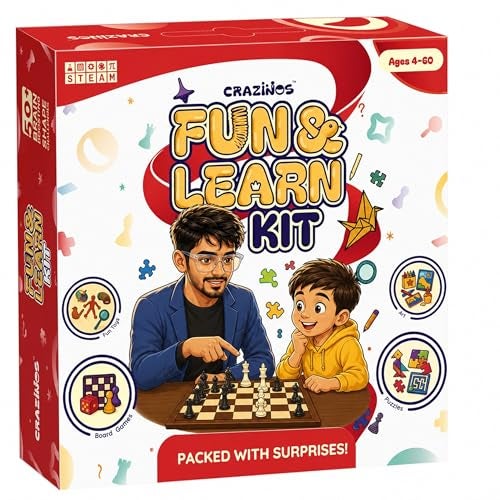 CRAZINOS 100 in 1 Fun and Learn Games Gift Kit for Kids | 6 in 1 Board Games & STEM Learning Toy | Brain Development Activity Set | Birthday Gift for Boys & Girls - Image 1