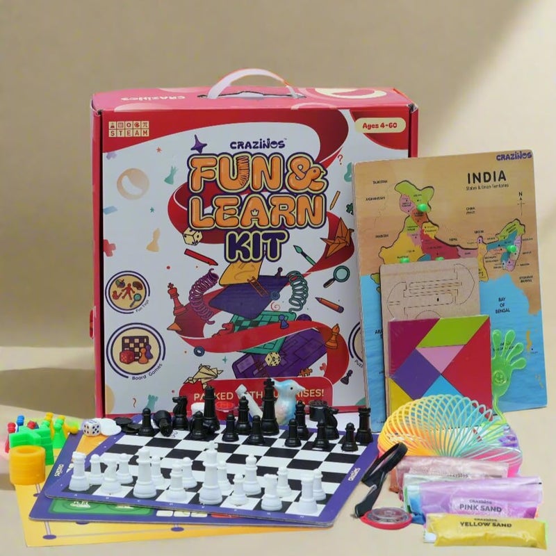 CRAZINOS 100 in 1 Fun and Learn Games Gift Kit for Kids | 6 in 1 Board Games & STEM Learning Toy | Brain Development Activity Set | Birthday Gift for Boys & Girls - Image 4