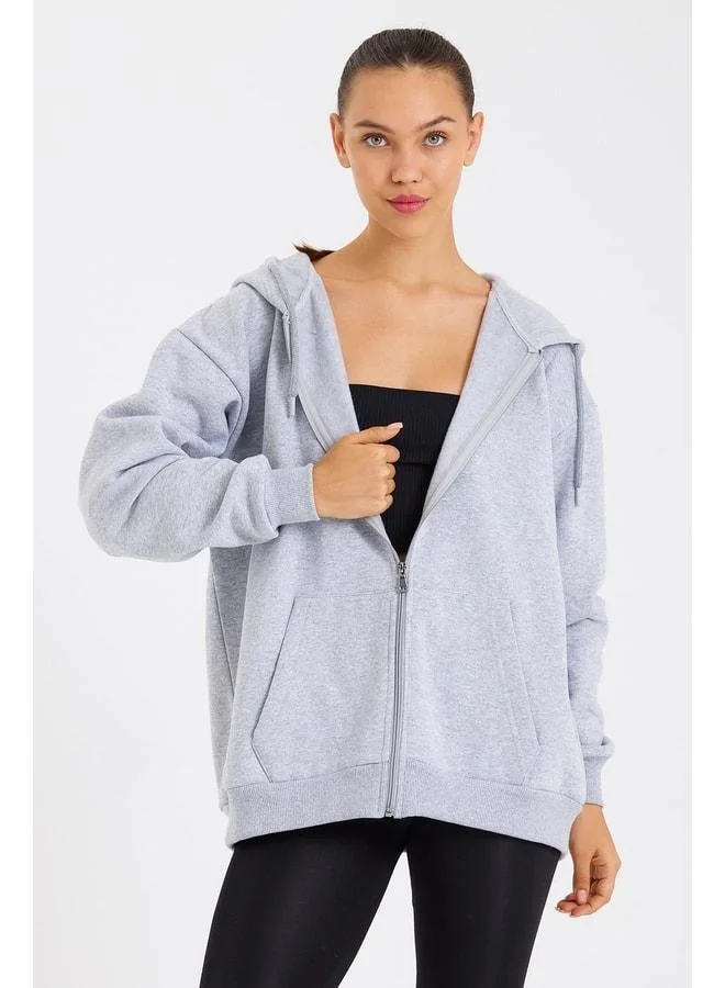 Mmetalic  Gray Oversized Women’s Hooded Sweatshirt with Kangaroo Pocket and Cotton-Lined Zipper for Women | Best Price UAE