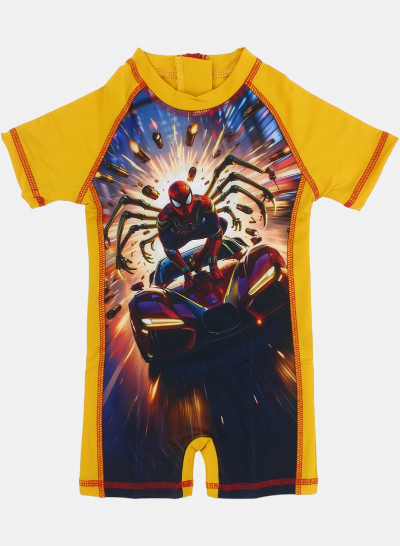 Boys Sunsuit One-Piece – Yellow with Spider-Man Print